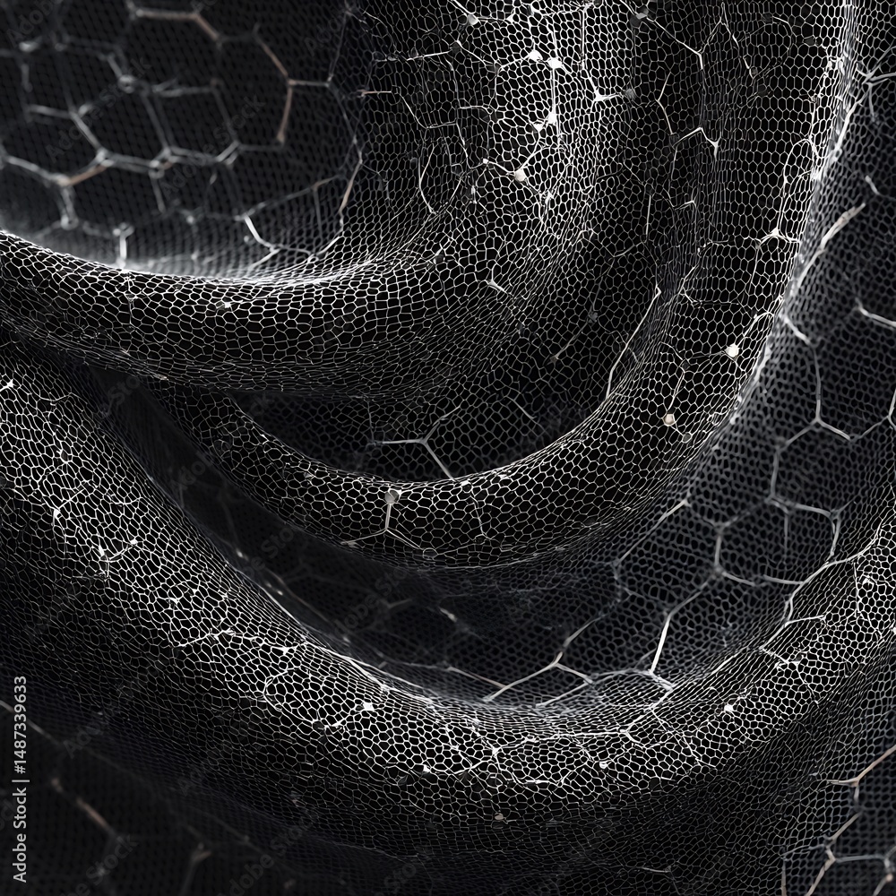 Poster abstract textural formation with interlaced geometric patterns on dark fabric