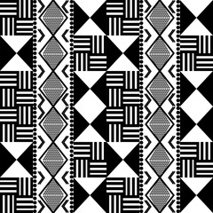 Geometric ethnic pattern vector design featuring bold symmetrical shapes and traditional tribal motifs. Inspired by indigenous art from various cultures, this seamless design combines modern aesthetic