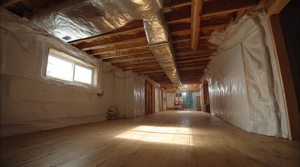 Unfinished Basement Interior with Wooden Floor and Insulated Ceiling
