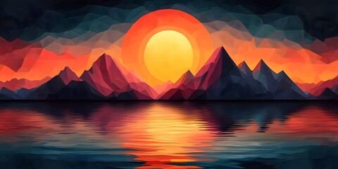 Colorful polygonal sunset over a tranquil lake and mountains.