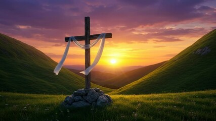 cross standing alone in open field with flowing white fabric. Pentecost celebration