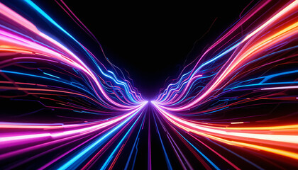 Abstract concept of high-speed data or digital acceleration with colorful neon light trails forming a curved motion tunnel on a black background.