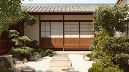 Fototapeta premium Traditional Japanese Minka House Facade with Shoji and Zen Garden