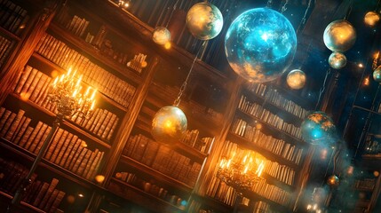 Multi-level library with floating books glowing orbs and ancient tomes lit by candles and enchanted chandeliers creating an enchanting fantasy atmosphere
