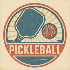 Vintage Style Pickleball Logo with Paddle and Ball Icon, Retro Colors and Distressed Texture