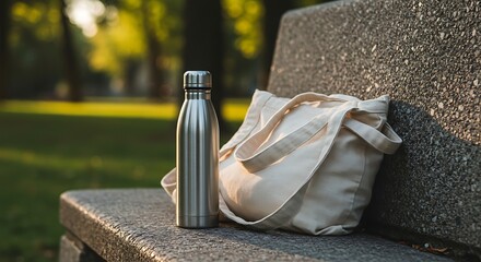 Reusable Bottle and Canvas Bag on Park Bench in Sunlight