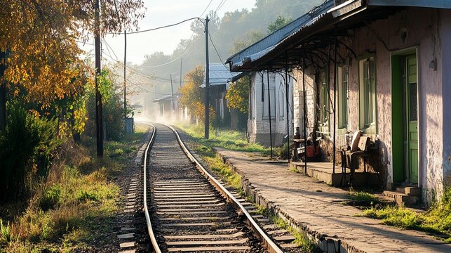 Misty autumn morning at a rural train station, with tracks leading into a foggy landscape