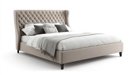 Obraz premium Modern upholstered bed with beige tones and stylish headboard