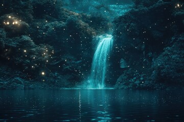 Mystical waterfall cascading into a serene, glowing lake.