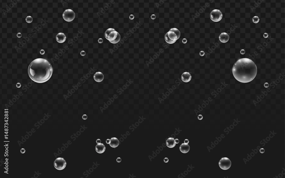 Poster realistic vector graphic of transparent bubbles in various sizes. isolated design elements perfect f