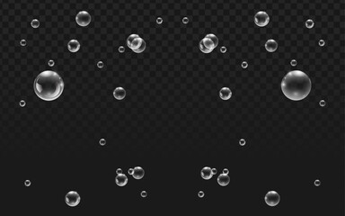 Realistic vector graphic of transparent bubbles in various sizes. Isolated design elements perfect for backgrounds, overlays, effects, clean, fresh, or abstract projects. Transparent background.