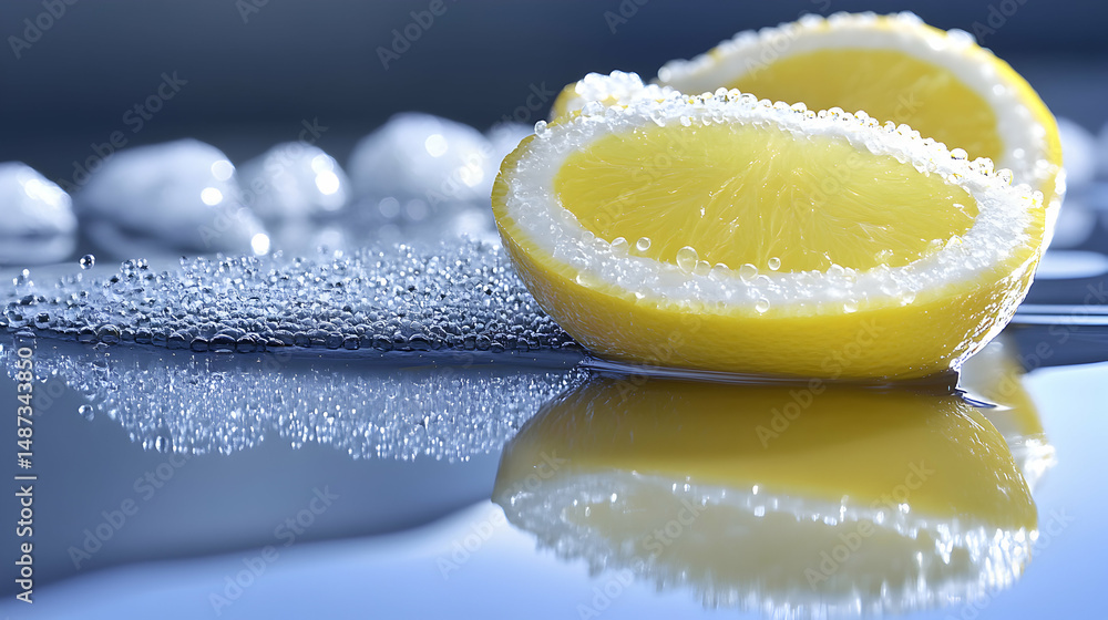 Poster refreshing lemon slices submerged in sparkling water, creating a vibrant and visually appealing imag