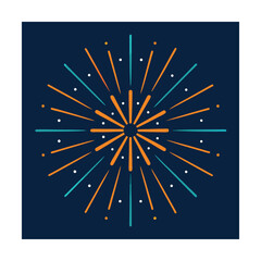 Festive fireworks design with vibrant orange and teal colors on a navy blue background