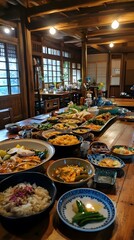 Anime-style family meal at a traditional countryside inn