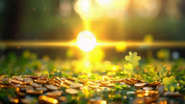 Shiny gold coins with clovers for St. Patrick's Day