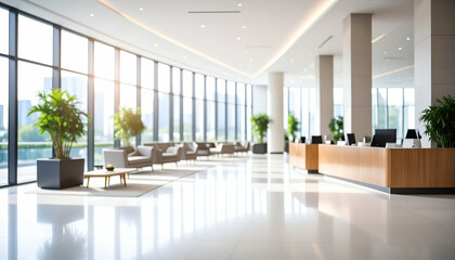 Blurred view of a spacious, elegant lobby with minimalist design and large windows, ideal for business or hospitality themes.