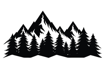 Fototapeta premium Majestic mountain peaks rise beyond dense pine trees in a stark black silhouette against a white backdrop