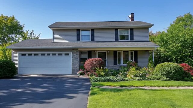 Suburban Two Story House with Gray Siding Dark Shutters and Well Maintained Lawn and Garden Under Blue Sky on Bright Sunny Day with Some AI Defects