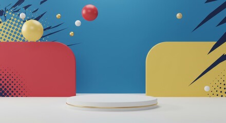 Dynamic Product Showcase: A Vibrant Podium Scene with Retro Pop Art Flair