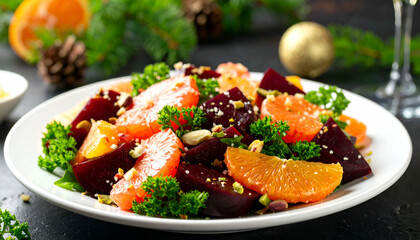 Elegant beetroot salad featuring sweet citrus slices and a zesty citrus vinaigrette, garnished with toasted pistachios.