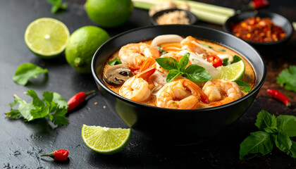 A bowl of Thai hot and sour shrimp soup with mushrooms and aromatic spices, showcasing vibrant colors and bold flavors.