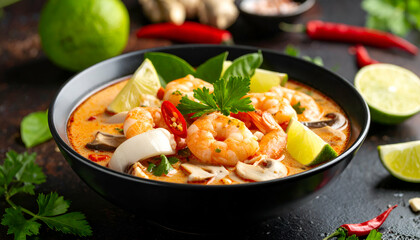 Spicy Thai soup with tender shrimp, earthy mushrooms, and citrusy herbs like lime leaves and lemongrass.