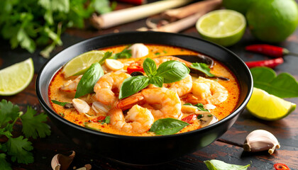 Traditional Tom Yum soup with plump shrimp and fresh herbs like galangal, lemongrass, and lime leaves for a zesty, flavorful dish.