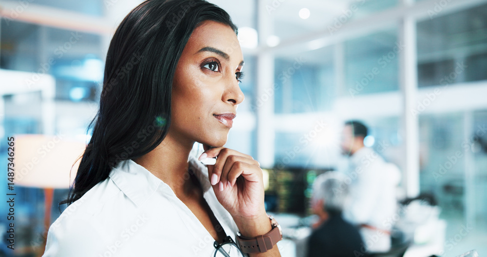 Poster Woman, programmer or thinking with idea at office for future development or cybersecurity. Female person, designer or coder with vision or thought for design, AI software or IT services at workplace