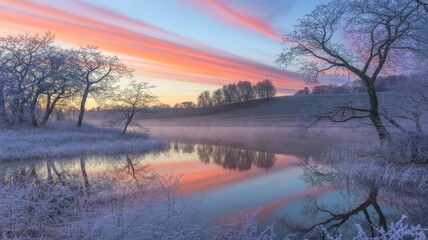 Serene Landscape of Riverbank and Pastel Sky During Sunset