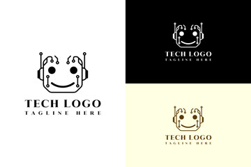 vector illustration of smiling robot face with circuit lines, logo for deep learning, data center, database, artificial intelligence, data science, automation, chatbot, ai chat support, and more