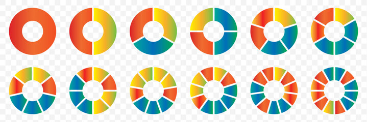 Circle division infographic icon. Pie chart divided six, seven and eight equal parts. 6 sectors icon. Color infographic flower round diagram. Vector illustration isolated on Transparent background.