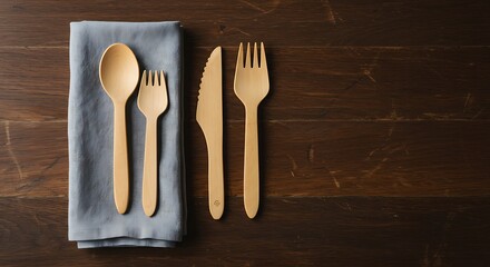 Wooden Cutlery Set on Dark Wood Table with Gray Napkin