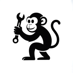 Obraz premium Cartoon Monkey Holding Wrench Simple Black Silhouette