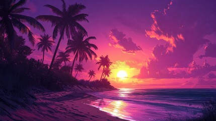 Glowing purple skies at sunset, palm tree shadows overlaying a bright, warm beach 