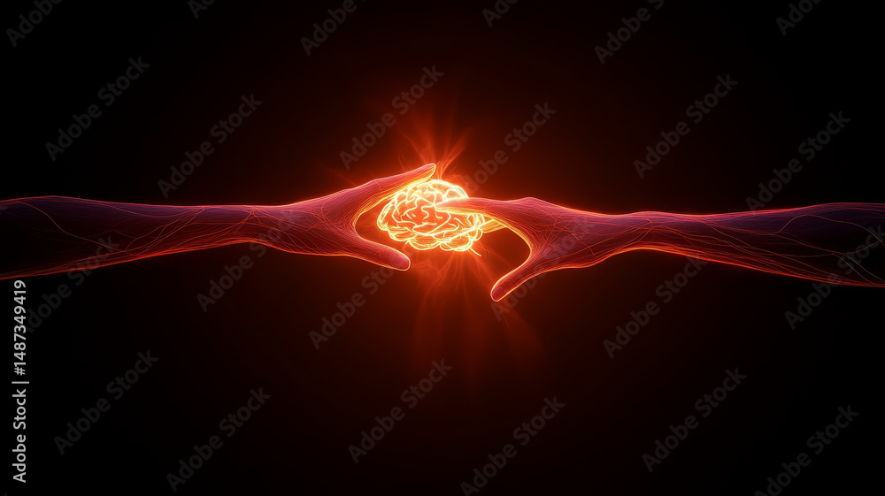 Poster glowing connection between two hands symbolizes unity and creativity