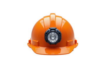 A digital illustration of an orange construction helmet with a mounted headlamp attached to the front, isolated on a transparent background—symbolizing safety, night work, and industrial labor.