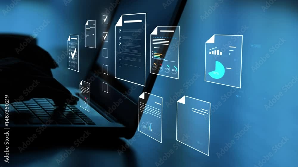 Aufkleber document management concept, businesswomen check electronic documents on digital documents on virtua