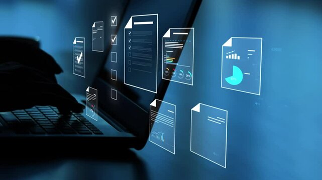 Document management concept, Businesswomen check electronic documents on digital documents on virtual screen Document Management System and process automation to efficiently document paperless operate