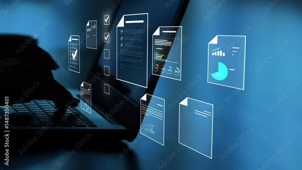 Aufkleber document management concept, businesswomen check electronic documents on digital documents on virtua