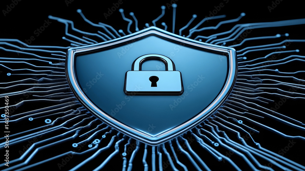 Poster digital shield with lock icon symbolizes security and protection in technology