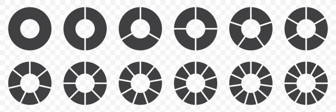 Pie chart set. Circle section graph. Pie chart divided 1,2,3,4,5,6,7,8,9,10,11,12 equal parts. Infographic wheel segment or section parts. Circle division infographic icon set. Vector illustration.