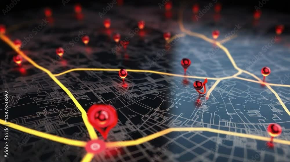 Poster pinpointing the path: a close-up view of a digital map, illuminated by glowing pins marking key loca