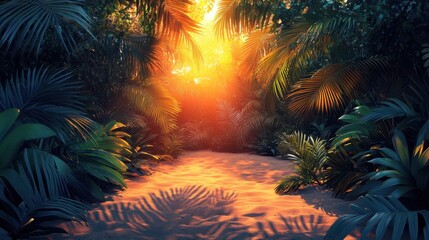 Lush tropical jungle with a radiant background of sunset colors, long palm shadows stretching across the sandy ground 