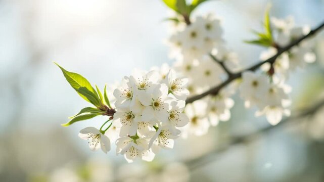 White cherry blossoms sway in the wind. Spring flowering fruit tree. Floral natural background. Delicate flowers in the sunlight during the day. Blur and bokeh.
