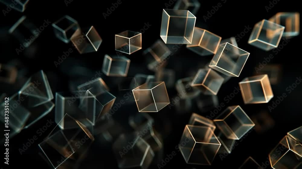 Poster abstract transparent glass cubes floating and spinning. conceptual background of future digital tech