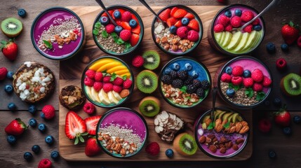 Fototapeta premium Colorful fruit and yogurt parfait display on a wooden surface.