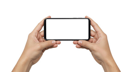  Hands Holding Horizontal Smartphone with Blank Screen Isolated on Transparent PNG Background, hands, holding, smartphone, phone, mobile phone, device