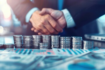 Business people are exchanging a lockbox and shaking hands, symbolizing financial deals, investment agreements, and corporate mergers.