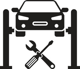 Minimalist Car on Hydraulic Lift with Tools Symbolizing Auto Repair and Maintenance