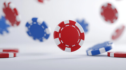 Dramatic shot of multiple casino chips suspended in mid air, creating exciting atmosphere